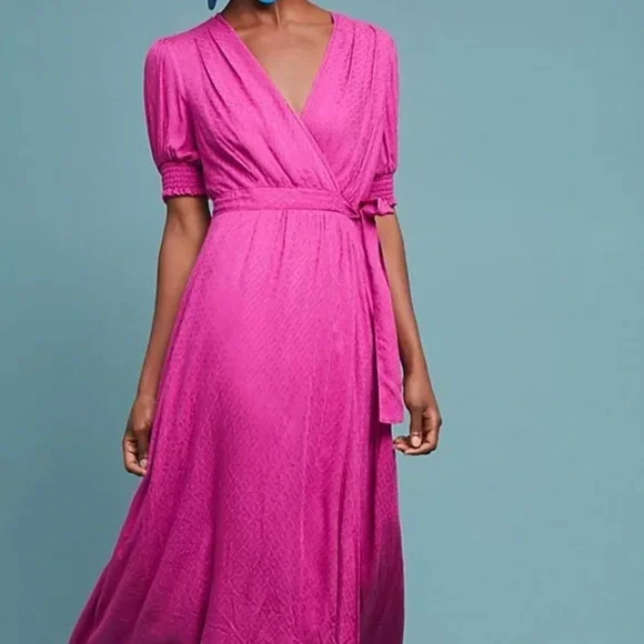 Anthropologie Maeve Wrap Midi Dress – Raspberry – Size 8 - Picture 7 of 8